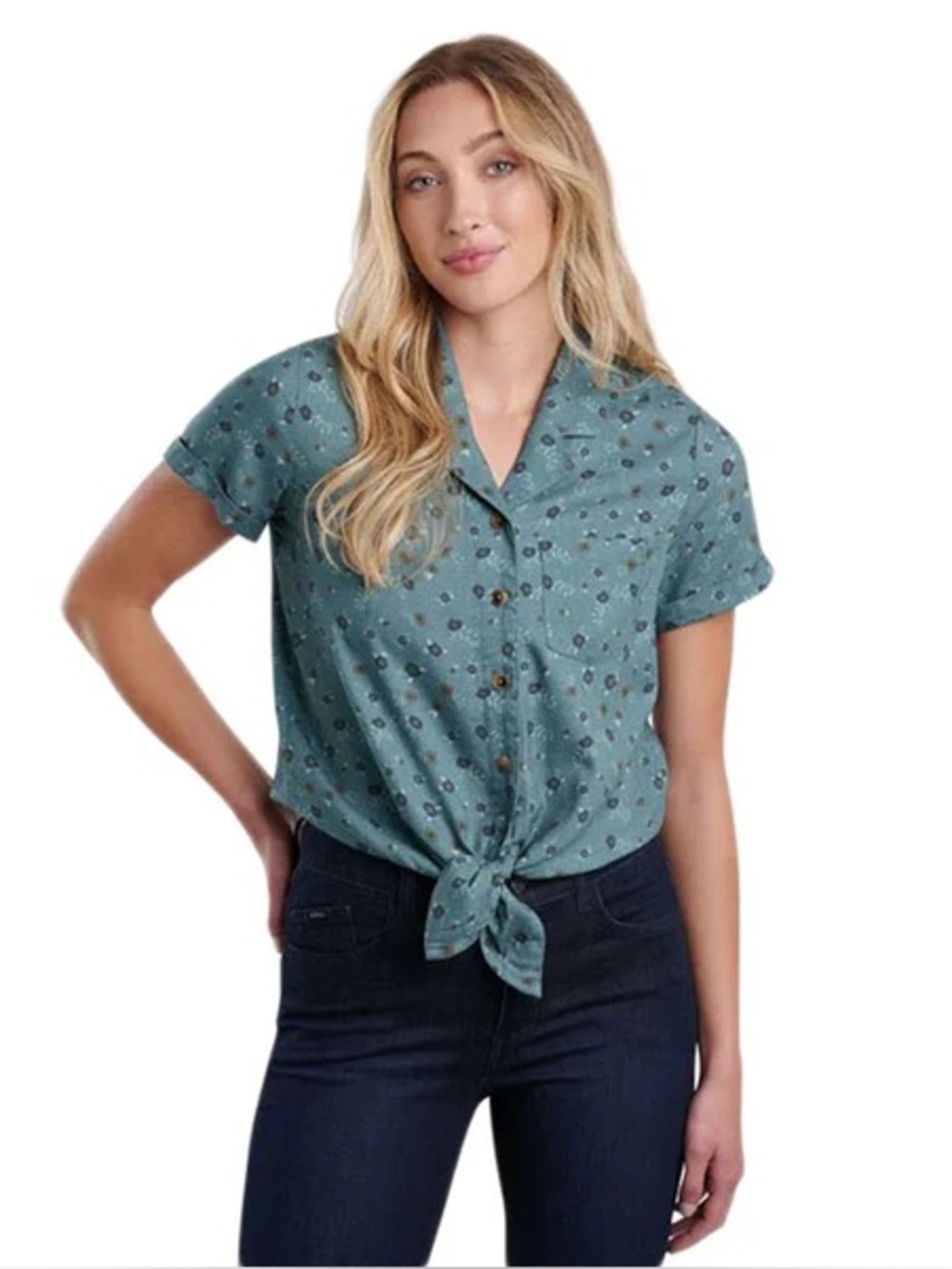 KUHL women’s Elsie Tie-Front Short Sleeve Blouse Blue Floral Size Large cotton